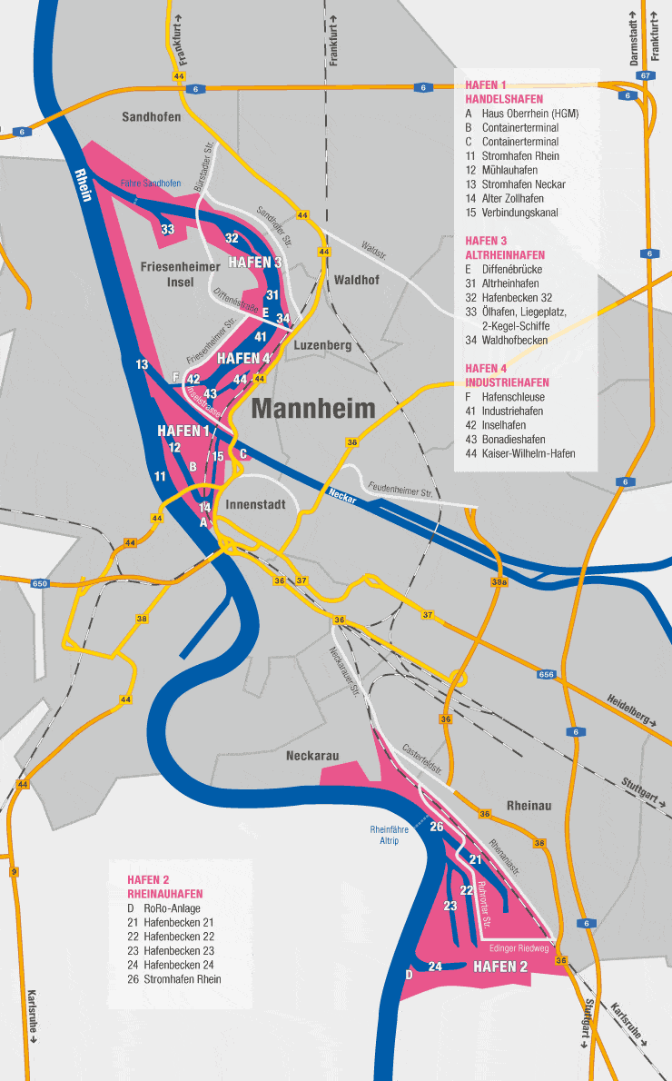 Grafisch dargestellter Mannheimer Hafenplan mit allen Standorten.
